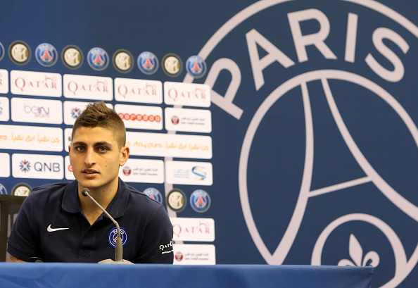 Paris Saint Germain's Italian midfielder Marco Verratti attends a press conference during team's winter training camp in the Qatari capital Doha on December 29, 2015, one day ahead of their friendly football match with Inter Milan. AFP PHOTO / KARIM JAAFAR / AFP / KARIM JAAFAR (Photo credit should read KARIM JAAFAR/AFP/Getty Images)