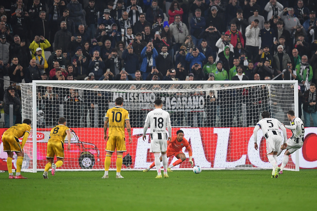Dusan Vlahovic converting a spot-kick against Udinese