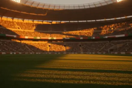 Floodlit football stadium at golden hour with packed stands, dramatic lighting and shadows, empty pitch ready for match.