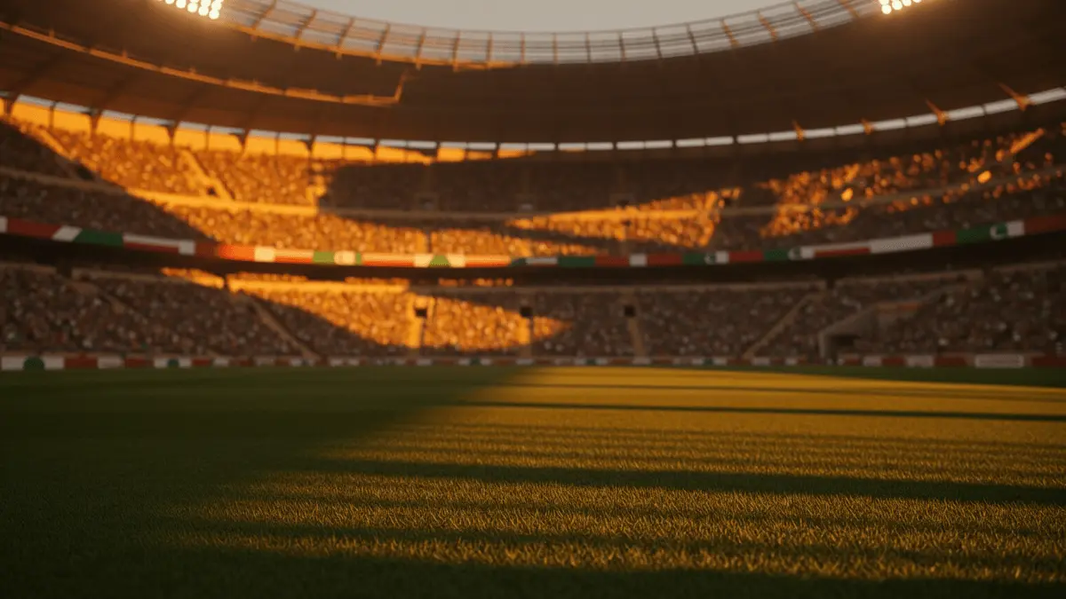 Floodlit football stadium at golden hour with packed stands, dramatic lighting and shadows, empty pitch ready for match.