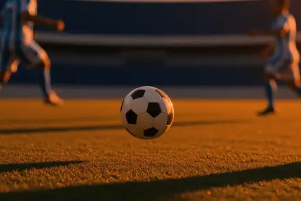 Football suspended in mid-air during evening stadium play with players in motion and dramatic floodlighting.