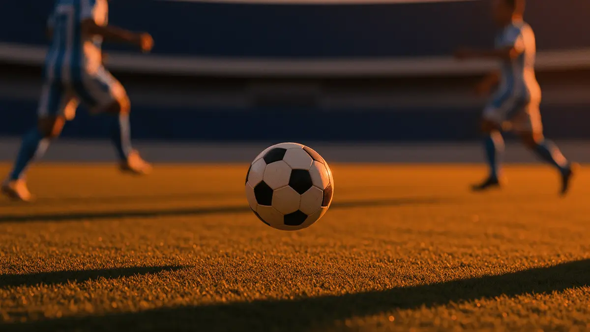 Football suspended in mid-air during evening stadium play with players in motion and dramatic floodlighting.