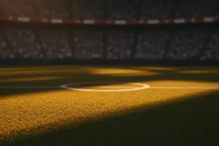 Floodlit stadium pitch at golden hour with dramatic shadows, blurred crowd stands, sky blue and red-white colour tones.