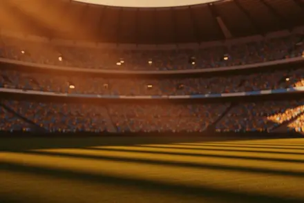 Floodlit stadium pitch during golden-hour kick-off with dramatic shadow patterns and packed stands bathed in Argentina and Cape Verde national colours.