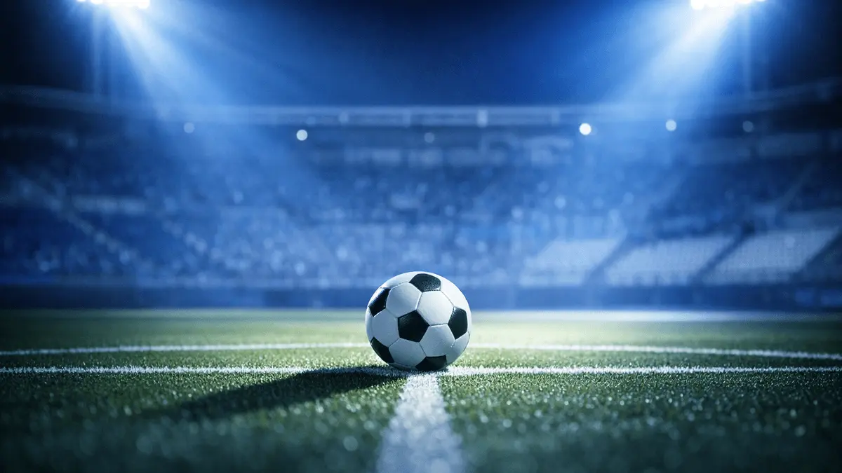 Floodlit stadium pitch in Argentine blue and white, match ball on centre spot under spotlight, empty stands.
