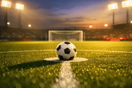 Match ball on penalty spot under floodlights, dramatic shadows, emerald and red colour palette.