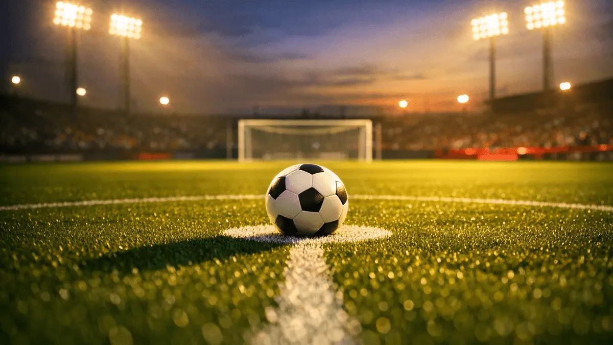 Match ball on penalty spot under floodlights, dramatic shadows, emerald and red colour palette.