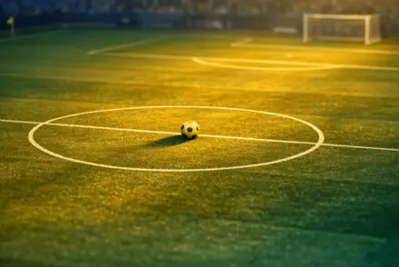 Aerial view of floodlit stadium pitch at dusk with ball on centre spot, golden and green lighting, shallow depth of field.