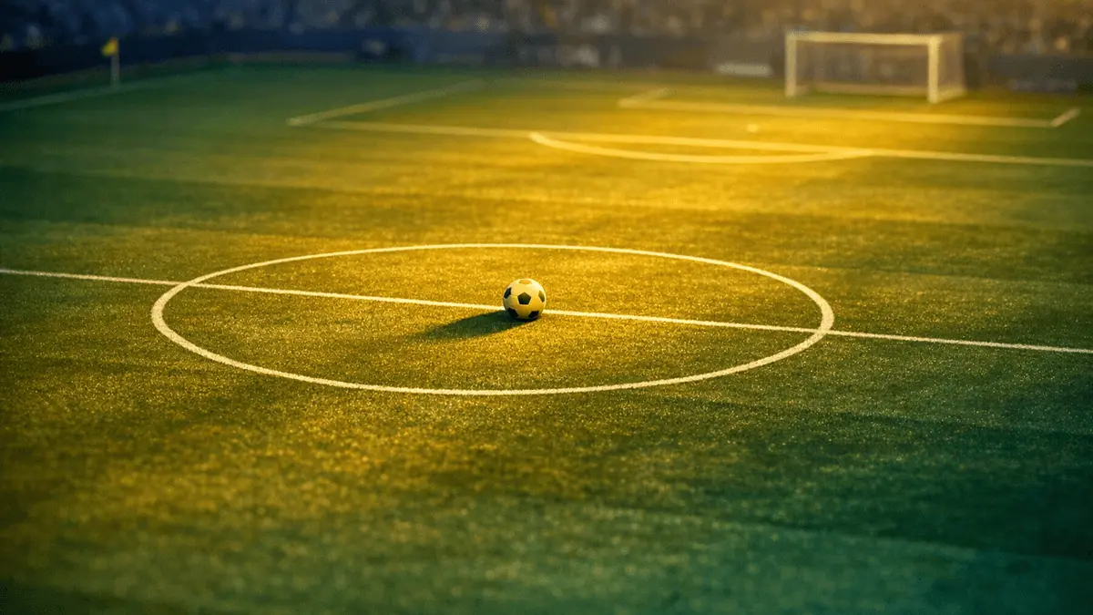Aerial view of floodlit stadium pitch at dusk with ball on centre spot, golden and green lighting, shallow depth of field.