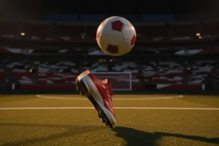 Floodlit football pitch at dusk with boot in motion and ball mid-flight, colour-graded stadium scene.