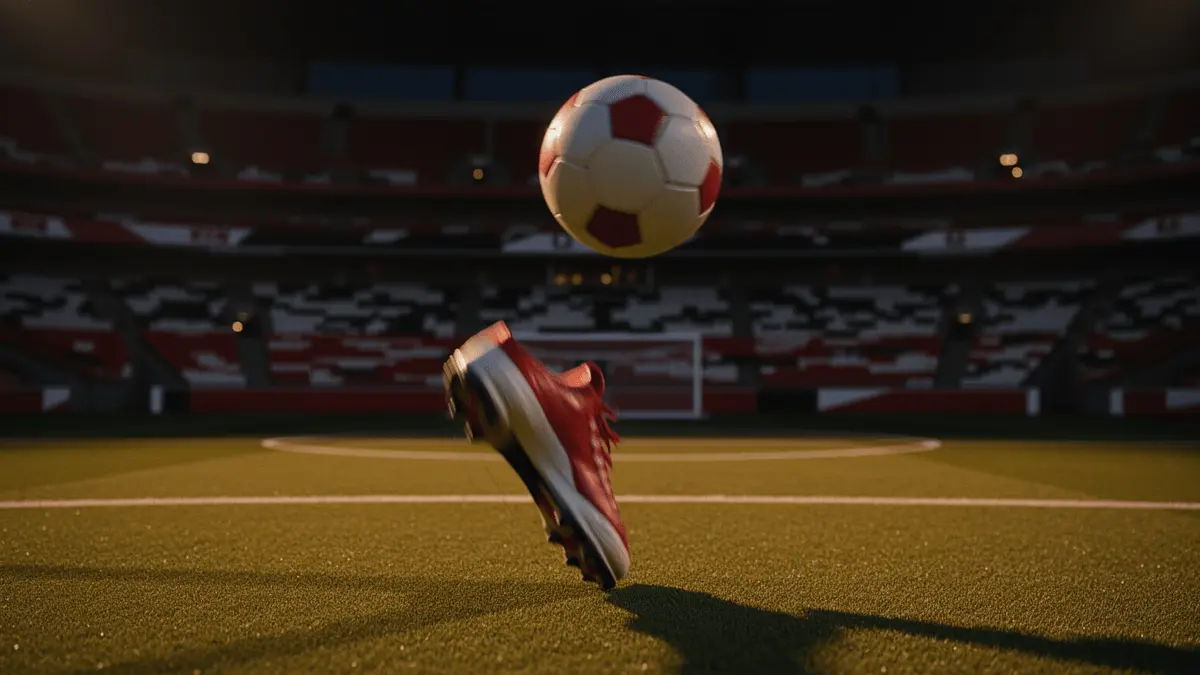 Floodlit football pitch at dusk with boot in motion and ball mid-flight, colour-graded stadium scene.