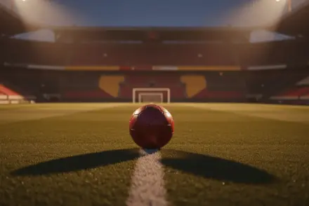 Empty floodlit football pitch at dusk with ball on halfway line, dramatic shadows, red and gold stadium lighting.