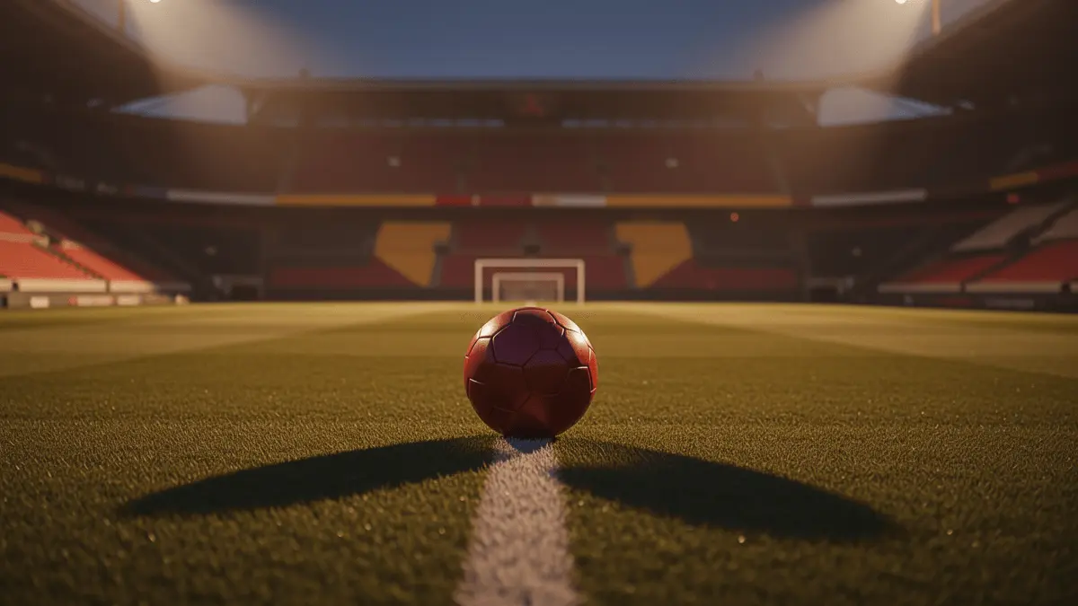 Empty floodlit football pitch at dusk with ball on halfway line, dramatic shadows, red and gold stadium lighting.