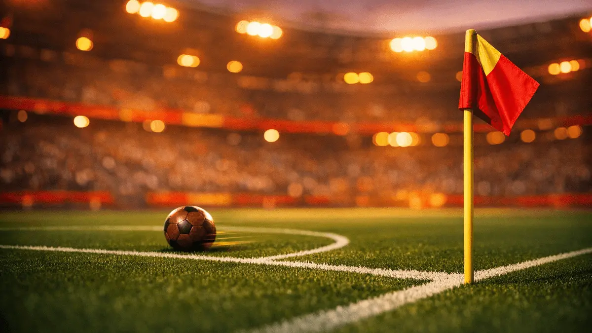 Floodlit stadium corner with red and gold accent lighting, football on centre pitch, low-angle evening shot.