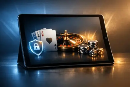 Premium online casino interface displayed on a secure digital device with elegant dark blue and gold aesthetic