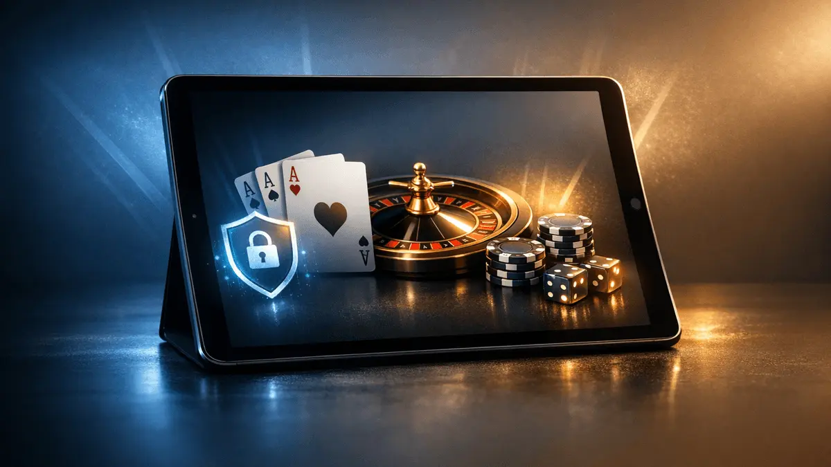 Premium online casino interface displayed on a secure digital device with elegant dark blue and gold aesthetic