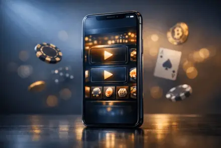 Modern smartphone displaying premium online casino interface with gaming elements and digital lighting