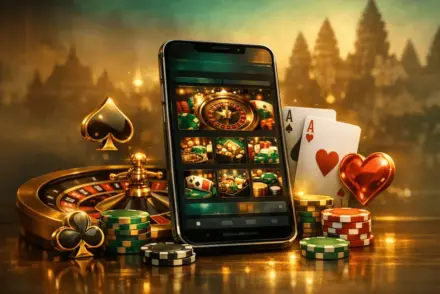 Modern online casino platform interface with luxury gaming elements and Cambodian design accents