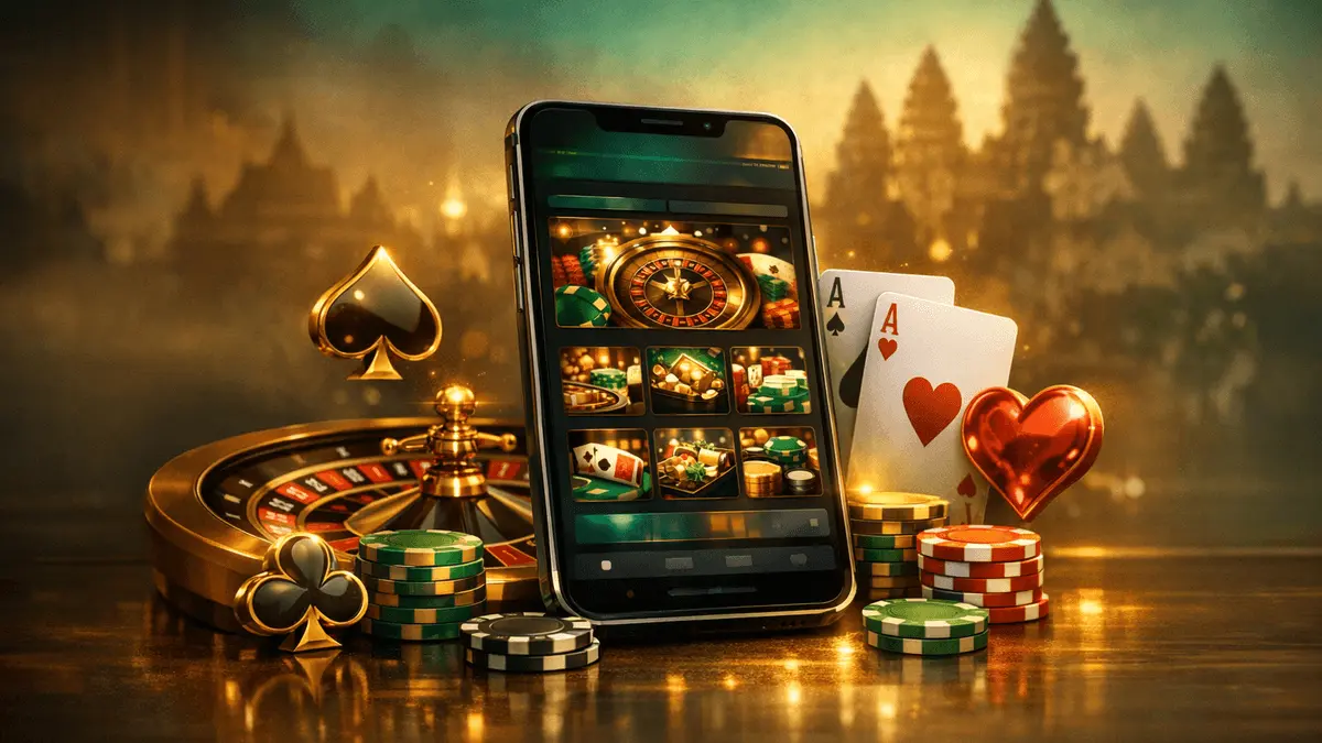 Modern online casino platform interface with luxury gaming elements and Cambodian design accents
