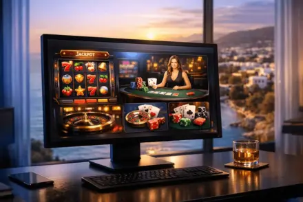 Online casino platform interface displayed on computer screen in luxury Cyprus office setting