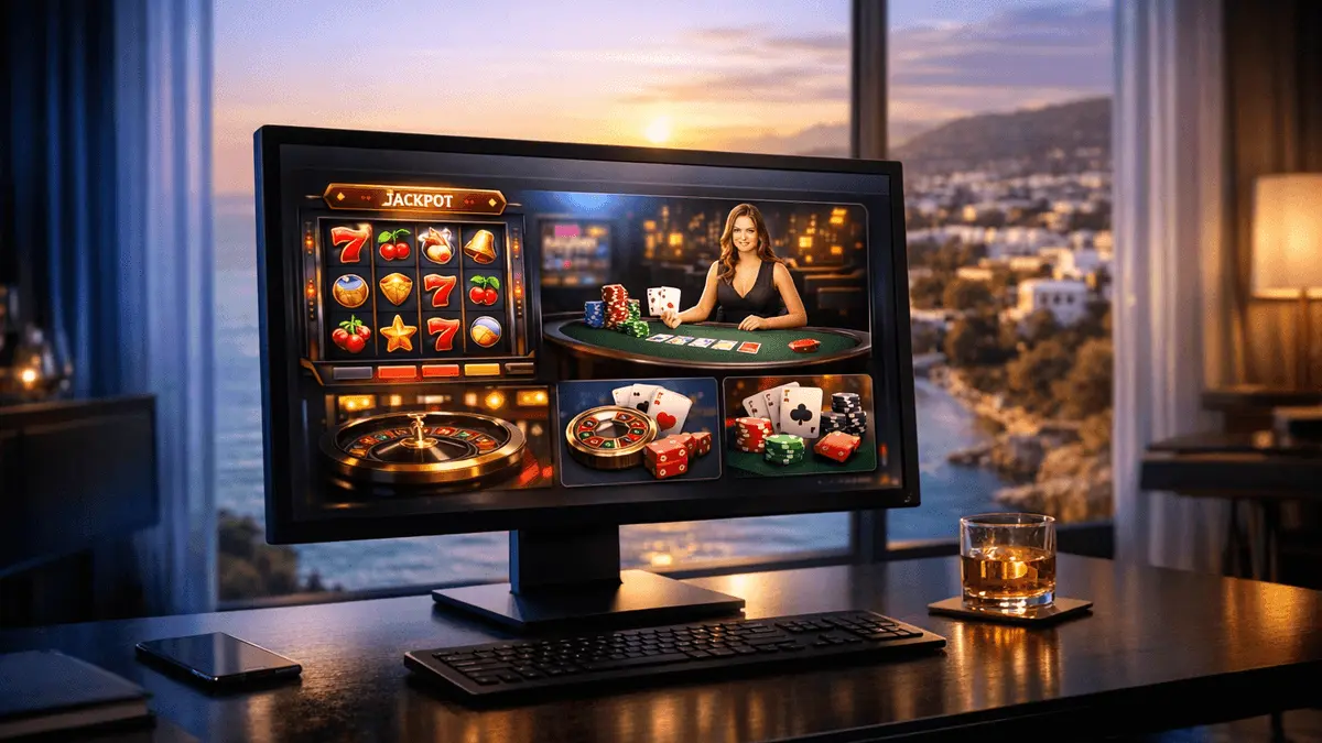 Online casino platform interface displayed on computer screen in luxury Cyprus office setting