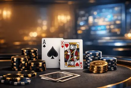Modern luxury online casino gaming environment with elegant cards and poker chips, sophisticated ambiance