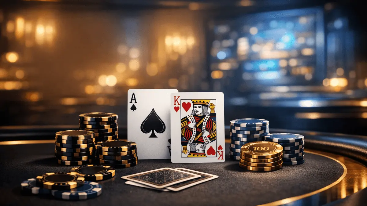 Modern luxury online casino gaming environment with elegant cards and poker chips, sophisticated ambiance