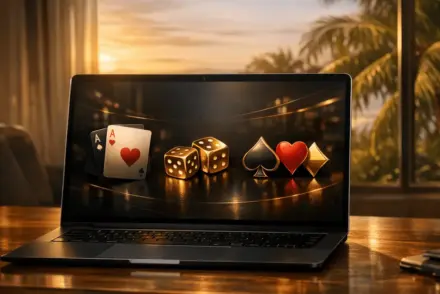 Premium online casino platform interface displayed on modern laptop with sophisticated design