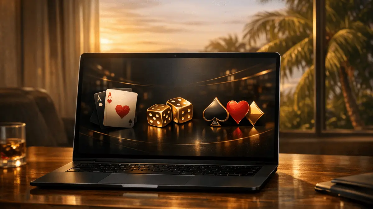 Premium online casino platform interface displayed on modern laptop with sophisticated design