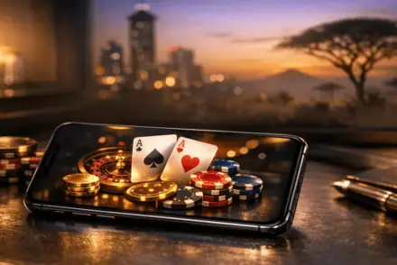 Modern smartphone displaying online casino platform on elegant desk with Kenyan background elements