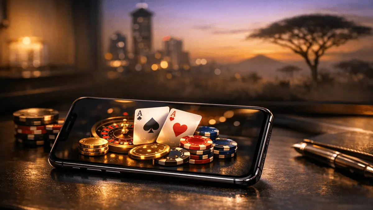 Modern smartphone displaying online casino platform on elegant desk with Kenyan background elements