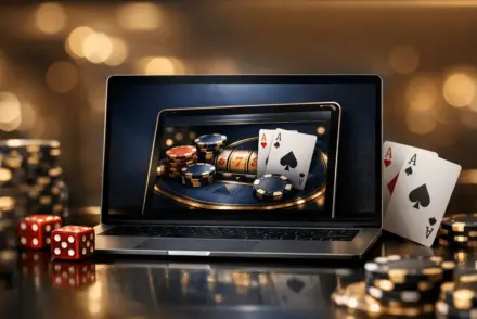 Premium online casino gaming interface with elegant design and golden accents on digital device