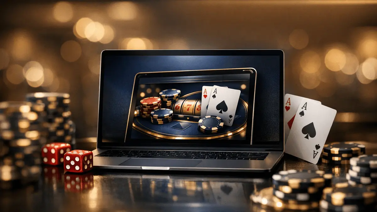Premium online casino gaming interface with elegant design and golden accents on digital device