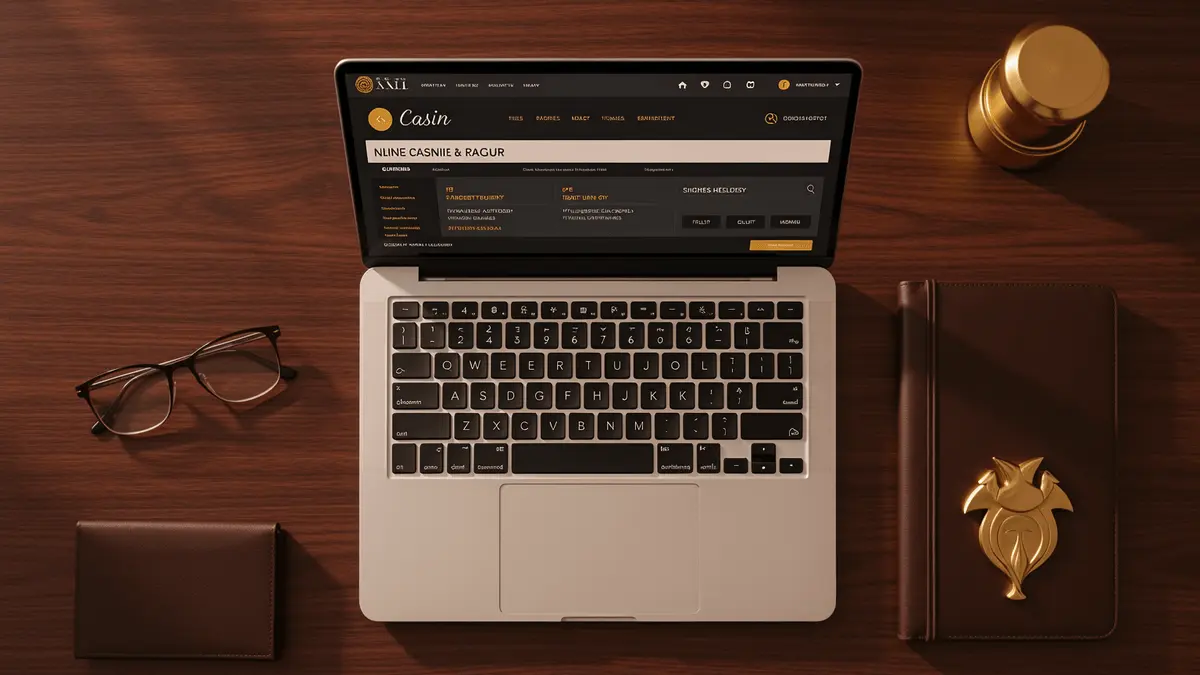 Premium online casino interface on laptop with luxury accessories and sophisticated workspace styling