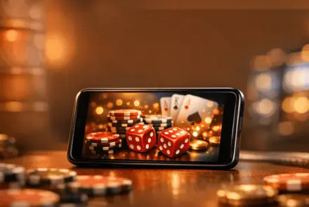 Premium online casino gaming interface displayed on mobile device with gaming chips and digital elements