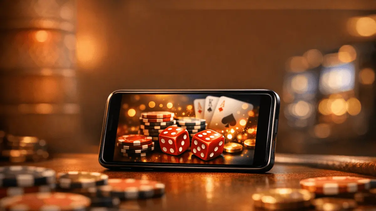 Premium online casino gaming interface displayed on mobile device with gaming chips and digital elements