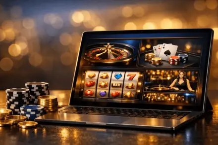 Premium online casino gaming platform displayed on luxury digital device with golden lighting