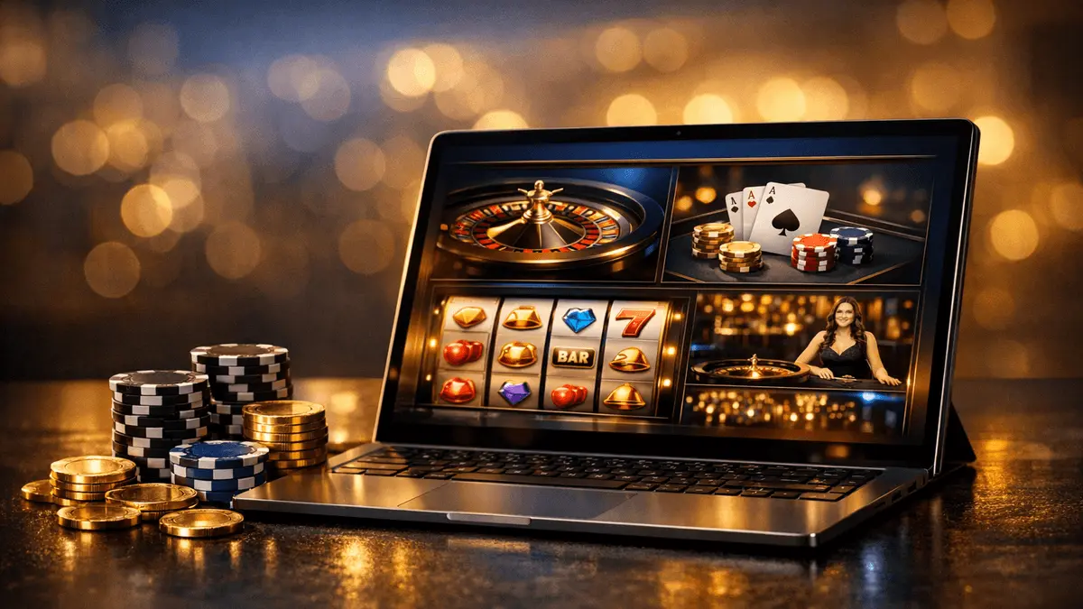 Premium online casino gaming platform displayed on luxury digital device with golden lighting