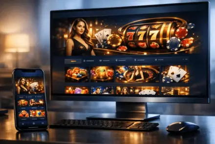 Premium online casino platform interface displayed on modern digital devices with sleek, professional design and luxury aesthetics