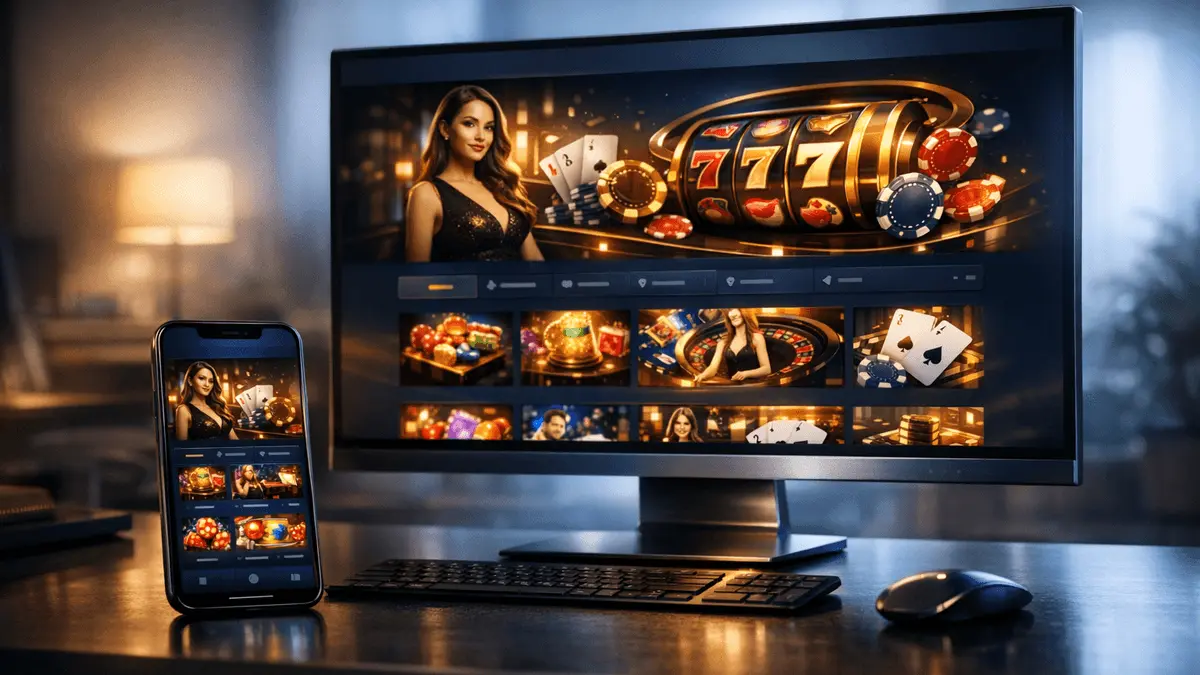 Premium online casino platform interface displayed on modern digital devices with sleek, professional design and luxury aesthetics