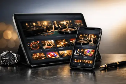 Premium online casino platform displayed on luxury devices with sophisticated gold and navy design aesthetic