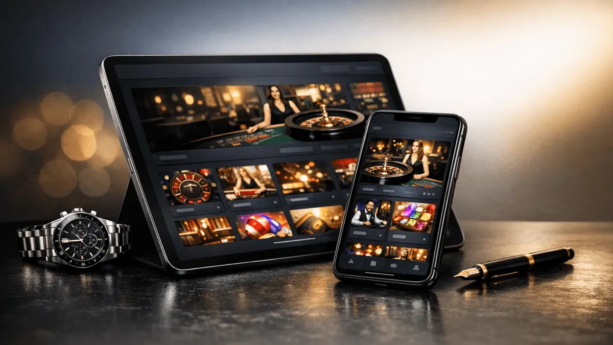 Premium online casino platform displayed on luxury devices with sophisticated gold and navy design aesthetic