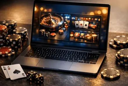 Premium online casino gaming interface with digital devices and gaming elements