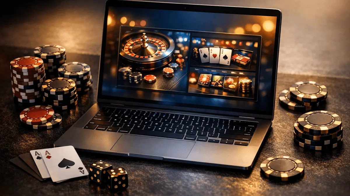 Premium online casino gaming interface with digital devices and gaming elements