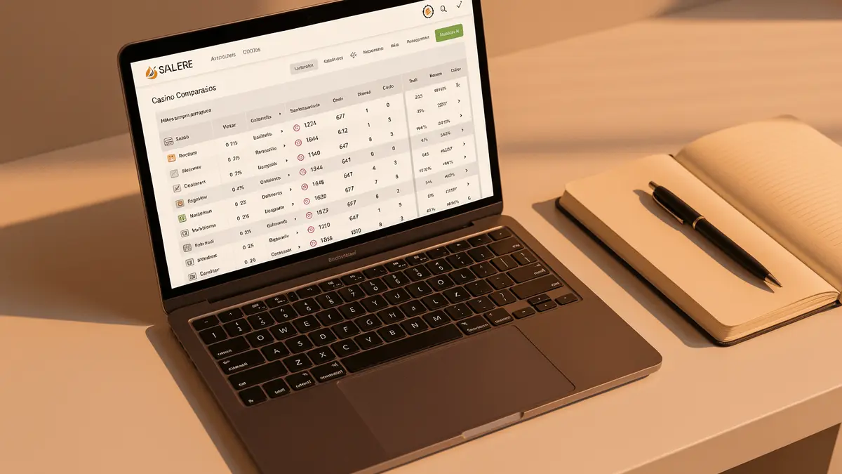 Professional desktop workspace showing online casino comparison research on laptop screen with analytical approach