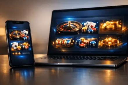 Modern online casino platform interface on smartphone and laptop with blue and gold digital design elements