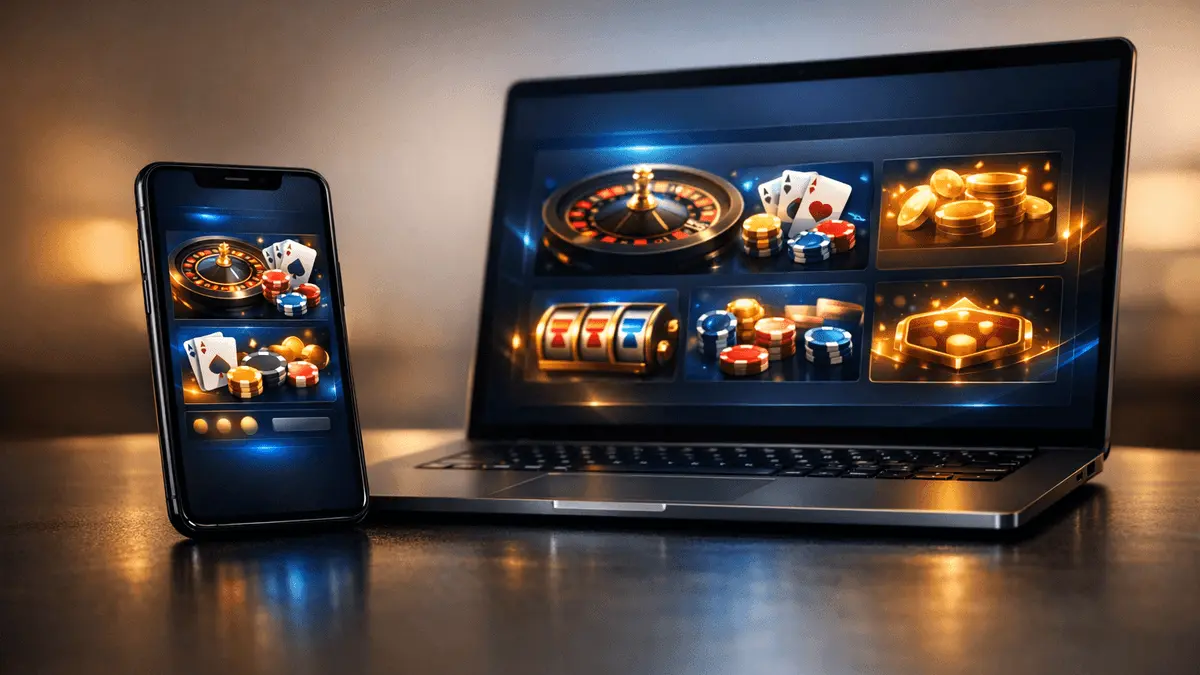 Modern online casino platform interface on smartphone and laptop with blue and gold digital design elements