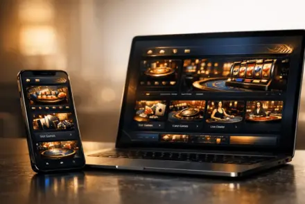 Premium online casino platform interface with sophisticated golden and blue design elements