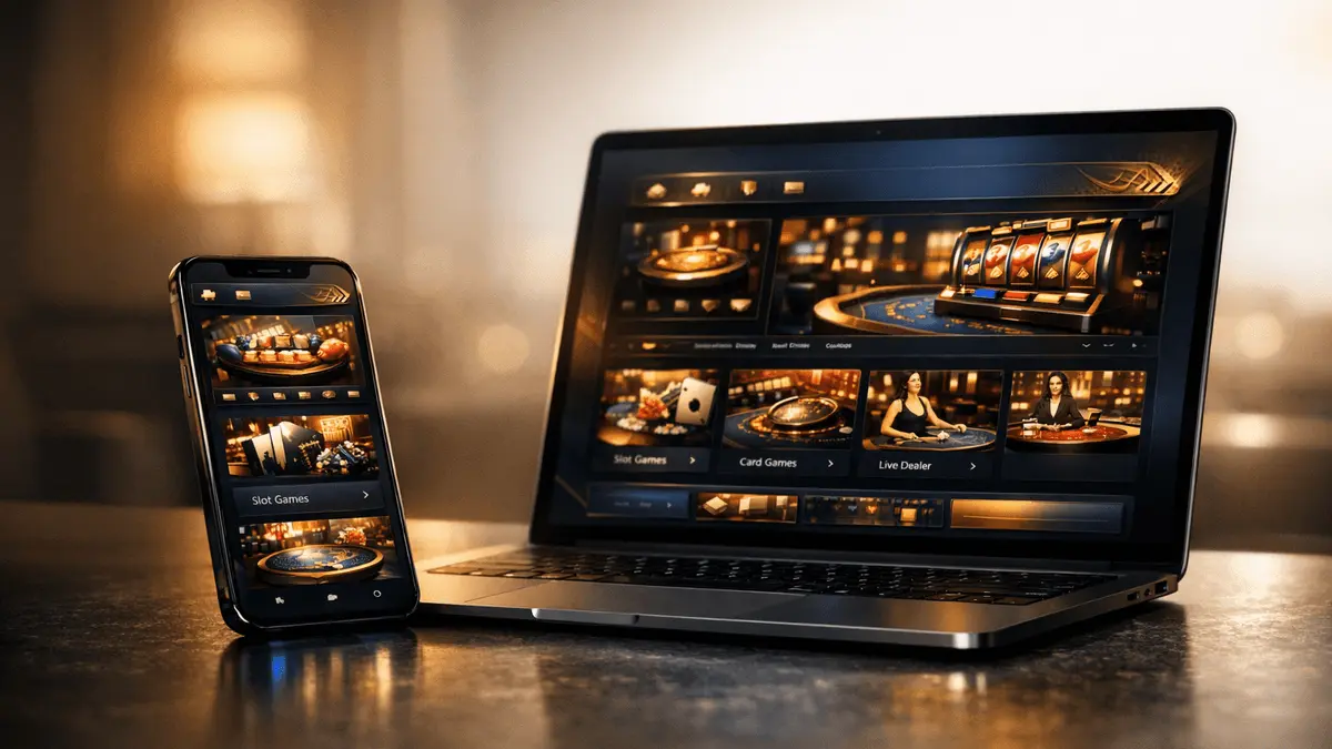 Premium online casino platform interface with sophisticated golden and blue design elements