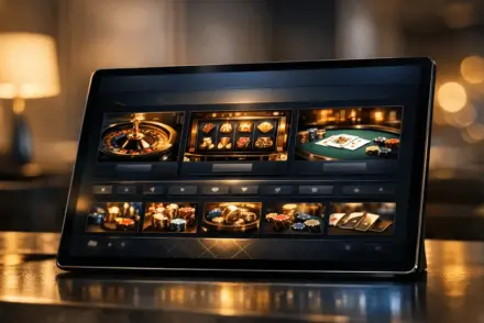 Premium online casino platform interface displayed on digital device with luxury ambiance